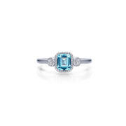 Introducing the Lafonn March Birthstone Ring, an elegant piece featuring a radiant blue gemstone in an emerald cut, set in a sleek silver band. This sophisticated design is enhanced by a pair of small round diamonds on each side of the central blue stone, adding extra sparkle to its allure.