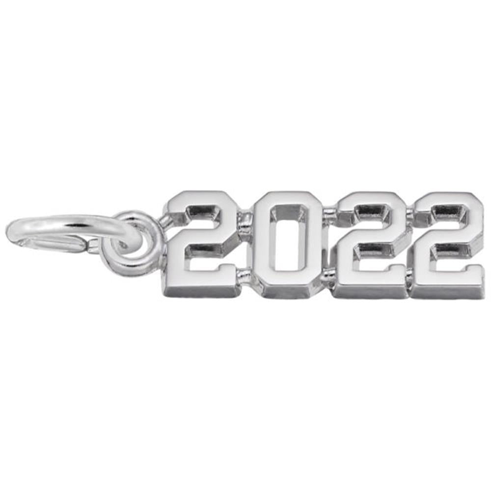 The Rembrandt Charms Year 2022 Charm in sterling silver features the year "2022" in bold block numbers, attached to a small circular ring on the left side for easy attachment. The charm boasts a shiny and reflective surface, showcasing a sleek, polished finish.
