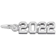 The Rembrandt Charms Year 2022 Charm in sterling silver features the year "2022" in bold block numbers, attached to a small circular ring on the left side for easy attachment. The charm boasts a shiny and reflective surface, showcasing a sleek, polished finish.