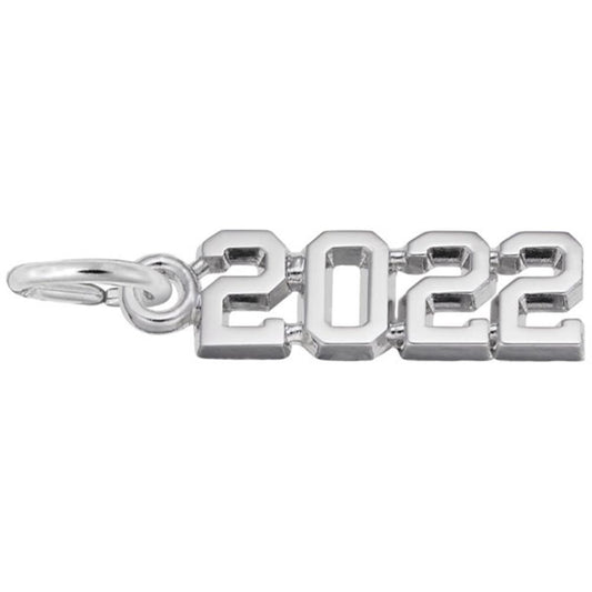 The Rembrandt Charms Year 2022 Charm in sterling silver features the year "2022" in bold block numbers, attached to a small circular ring on the left side for easy attachment. The charm boasts a shiny and reflective surface, showcasing a sleek, polished finish.