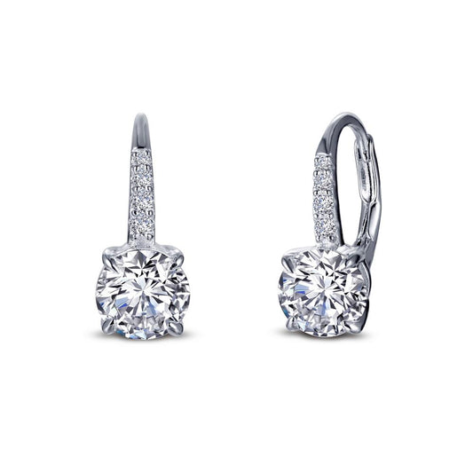 Introducing Lafonn's Solitaire Drop Earrings – an elegant pair of drop earrings featuring large, round, clear solitaire gemstones set in silver. Each earring also boasts a row of smaller clear gemstones along the curved hook, adding extra sparkle and sophistication.