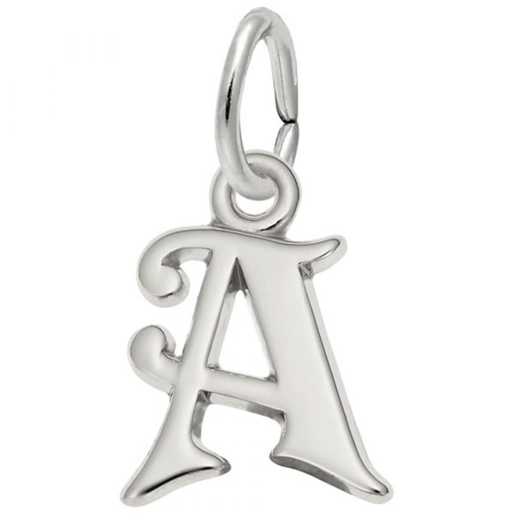 The Rembrandt Charms Sterling Silver Letter Charm is a shiny, sterling silver charm shaped like the letter "A," featuring a polished and slightly ornate design with curled edges. It includes a round loop at the top for easy attachment to a bracelet or necklace.