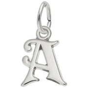 The Rembrandt Charms Sterling Silver Letter Charm is a shiny, sterling silver charm shaped like the letter "A," featuring a polished and slightly ornate design with curled edges. It includes a round loop at the top for easy attachment to a bracelet or necklace.