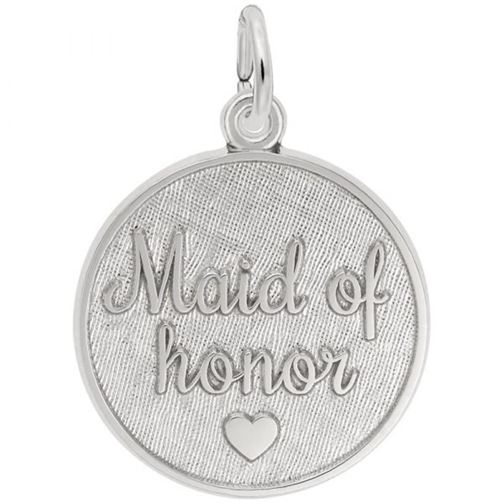 A detailed image of the Sterling Silver Maid of Honor Disc Charm by Rembrandt Charms. This charm features the words "Maid of Honor" elegantly engraved on a polished disc, measuring 0.75 inches by 0.75 inches (19 mm by 19 mm). The charm has a sleek sterling silver finish, perfect for adding a touch of heartfelt appreciation to any charm bracelet or necklace. Style number 1834.