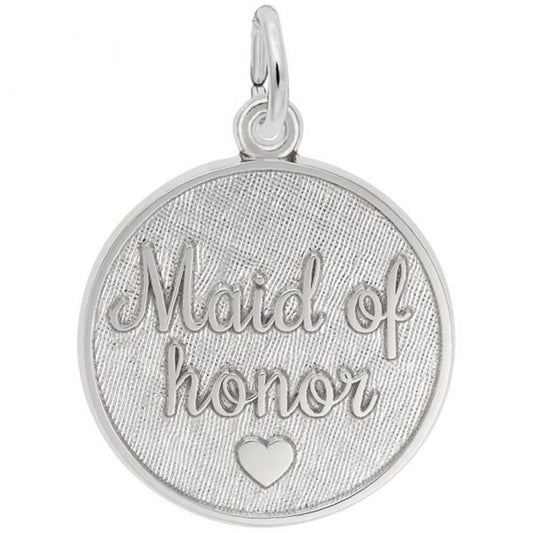 A detailed image of the Sterling Silver Maid of Honor Disc Charm by Rembrandt Charms. This charm features the words "Maid of Honor" elegantly engraved on a polished disc, measuring 0.75 inches by 0.75 inches (19 mm by 19 mm). The charm has a sleek sterling silver finish, perfect for adding a touch of heartfelt appreciation to any charm bracelet or necklace. Style number 1834.