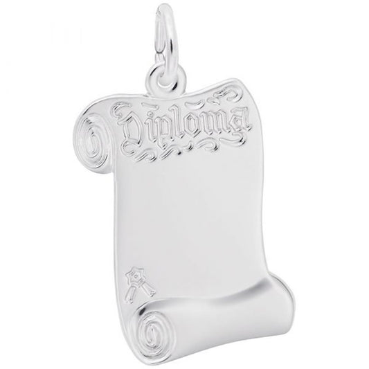 The Rembrandt Charms Diploma Charm in sterling silver, intricately designed in the shape of a scroll with "Diploma" elegantly engraved at the top. This Open Diploma charm showcases curled edges that mimic a rolled-up paper and includes a small graduation cap icon towards the bottom. It features a convenient loop at the top for easy attachment to a chain or bracelet.