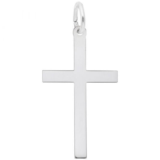 Introducing the Large Plain Cross Charm in Sterling Silver by Rembrandt Charms: a minimalist cross pendant crafted from sterling silver with a smooth finish, complete with a small loop at the top for easy attachment to any necklace or chain. Its understated elegance truly shines against the plain white background.