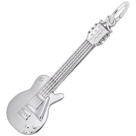 The Rembrandt Charms Electric Guitar Charm in sterling silver showcases detailed strings and tuning pegs. This intricately designed charm features a loop at the top for easy attachment and captures the essence of a full-sized guitar in a small, decorative form.