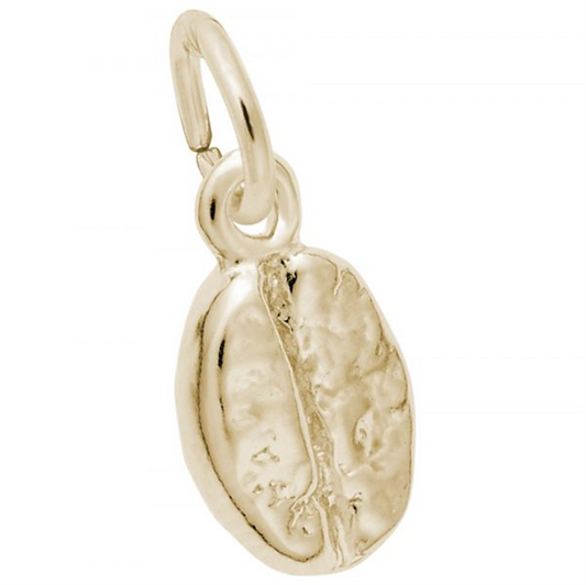 A close-up image of the Rembrandt Charms Coffee Bean Charm, crafted from gold-plated sterling silver. The oval-shaped pendant features an intricately detailed groove down its center and is attached to a small, circular loop at the top for easy threading onto a chain or bracelet. The background is plain white.