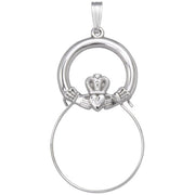 A detailed image of the Sterling Silver Claddagh Charm Holder by Rembrandt Charms. This charm holder features the iconic Claddagh design, measuring 0.9 inches by 1.46 inches (22.74 mm by 37.06 mm). The holder has a polished sterling silver finish, perfect for elegantly displaying your favorite charms with the symbolism of love, loyalty, and friendship. Style number 3508.