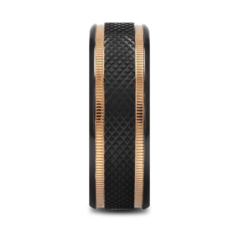 The Thorsten BAROQUE Black Titanium Diamond Pattern Brushed Finish Men’s Wedding Ring features a modern design with gold milgrain grooves, polished rose gold edges, and a combination of matte and shiny finishes for an elegant and stylish look.