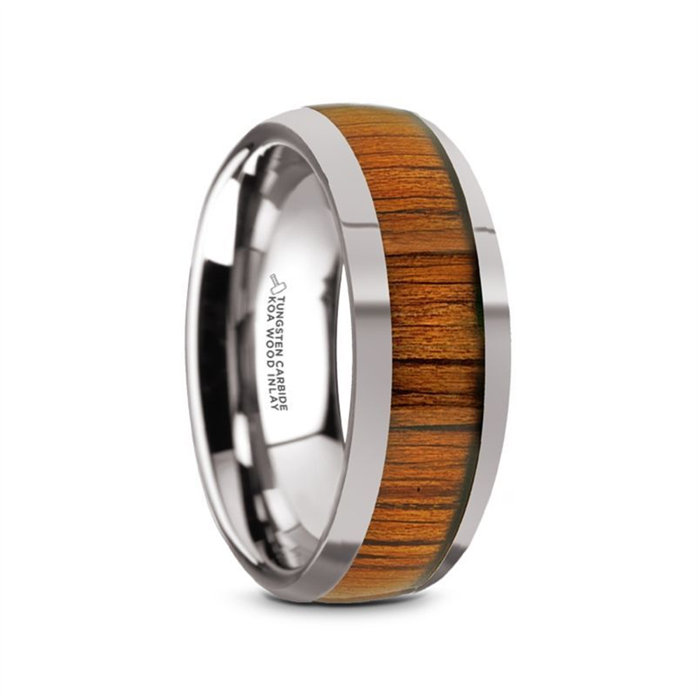 Introducing the Thorsten KAMEHA Men's Wedding Ring, a stunning piece crafted from durable tungsten featuring a polished Koa wood inlay with a rich brown hue. This elegant ring is bordered by shiny silver bands on both sides and has engraved text on the interior for that personal touch.