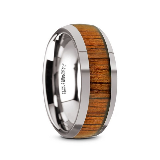 Introducing the Thorsten KAMEHA Men's Wedding Ring, a stunning piece crafted from durable tungsten featuring a polished Koa wood inlay with a rich brown hue. This elegant ring is bordered by shiny silver bands on both sides and has engraved text on the interior for that personal touch.