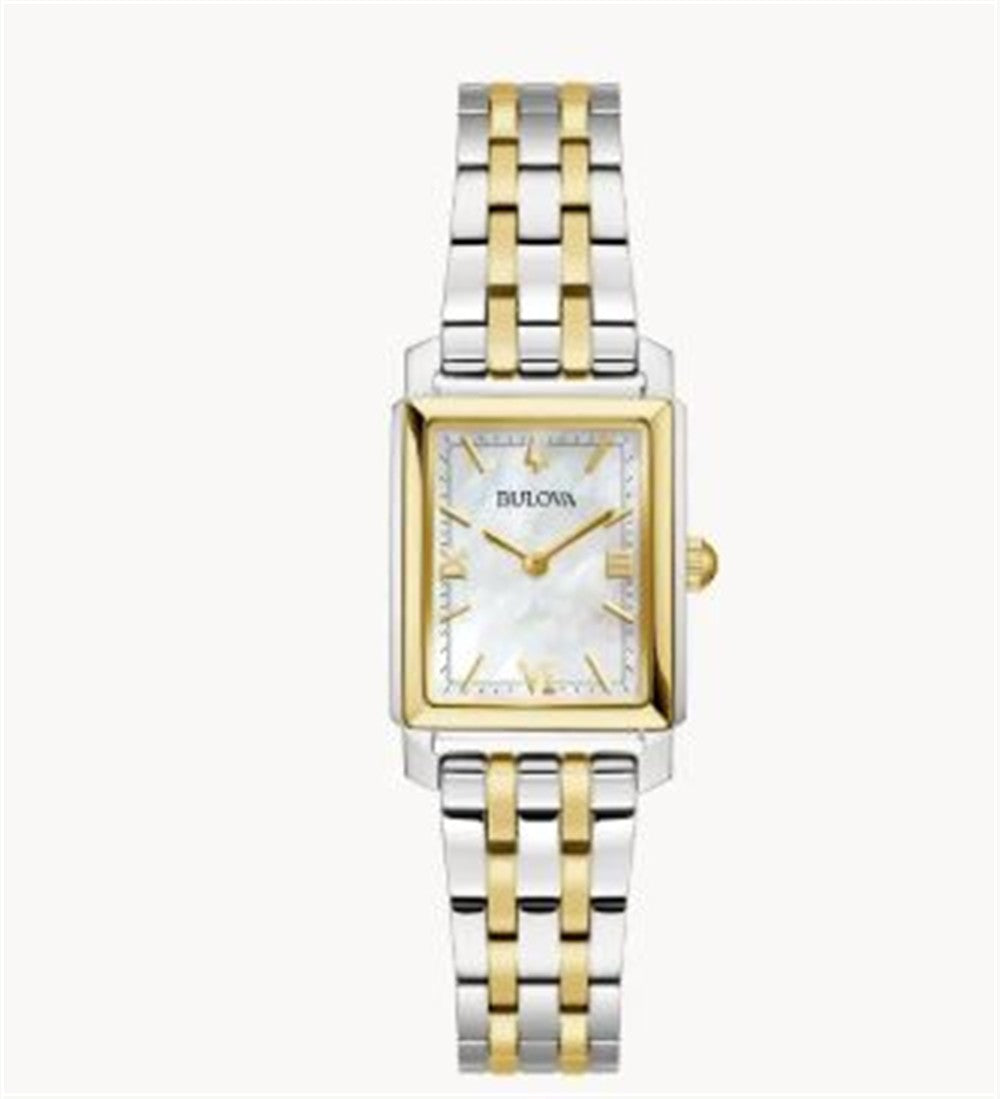 The Bulova Watch Company 98L308 Ladies Watch features a two-tone rectangular mother-of-pearl face, gold Roman numerals, and a gold and silver linked bracelet.