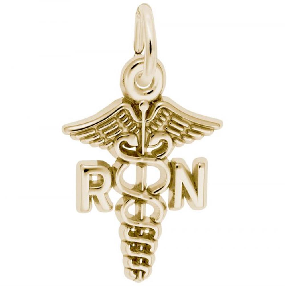 The RN Caduceus Charm by Rembrandt Charms, crafted from gold-plated sterling silver, features the iconic symbol of two snakes winding around a winged staff with the letters "RN" (Registered Nurse) prominently displayed on either side.