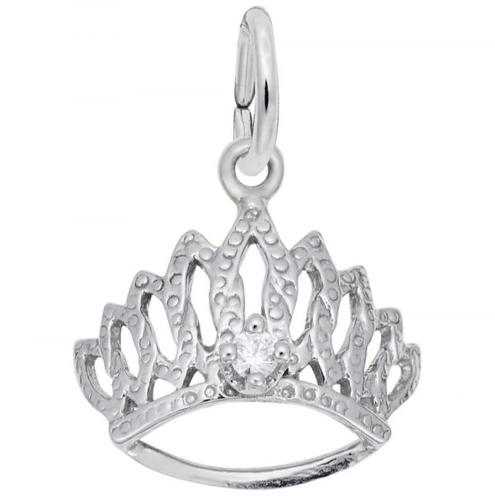 The Tiara With Stone Charm in sterling silver by Rembrandt Charms features a textured, intricate design with a small, round clear gemstone at the center and a top loop for attaching to a bracelet or necklace.