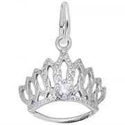 The Tiara With Stone Charm in sterling silver by Rembrandt Charms features a textured, intricate design with a small, round clear gemstone at the center and a top loop for attaching to a bracelet or necklace.