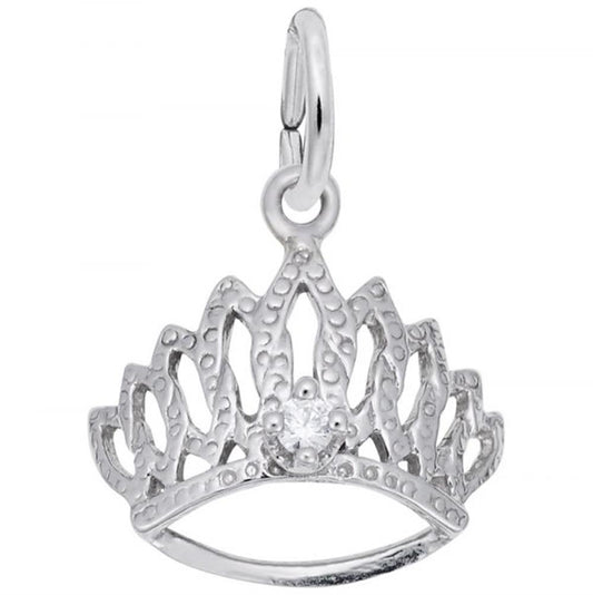 The Tiara With Stone Charm in sterling silver by Rembrandt Charms features a textured, intricate design with a small, round clear gemstone at the center and a top loop for attaching to a bracelet or necklace.