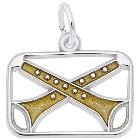 The Eleven Pipers Piping Charm by Rembrandt Charms is a rectangular, sterling silver piece featuring two crossed gold rifles in the center, each adorned with small silver detailing. Ideal for the holiday season, the charm includes a small loop at the top for attaching to jewelry.