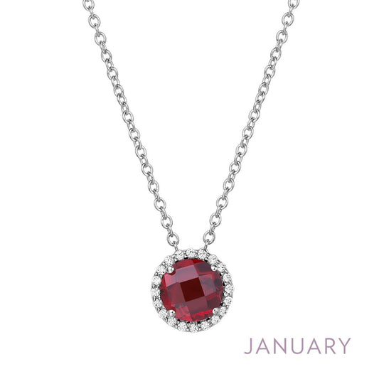The Lafonn January Birthstone Necklace features a silver chain with a round pendant, showcasing a large, faceted red gemstone surrounded by a ring of small, clear crystals. The word "JANUARY" is elegantly written in light purple text in the bottom right corner to celebrate your birthstone.
