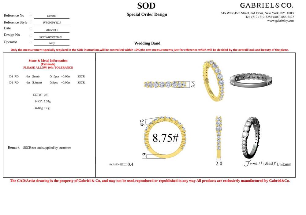 A detailed design sheet for a custom UNSET wedding band (S2146520) by Gabriel & Co, featuring ring diagrams, measurements, material info, stone and setting notes. Company logo and contact details appear at the top right.