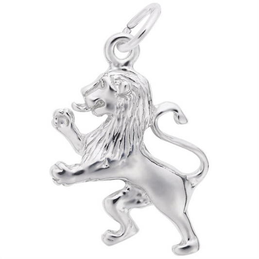 The Rembrandt Charms Lion - Sterling Silver Charm showcases a lion in a dynamic pose, standing on its hind legs with a raised front paw and flowing mane. It includes a small loop for easy attachment.