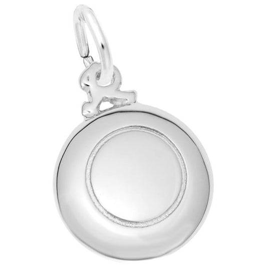 Introducing the Frisbee Charm from Rembrandt Charms: a radiant sterling silver pendant crafted in the shape of a round disc, complete with a smaller loop at the top for easy attachment to a chain. The apex of this exquisite charm showcases an integrated, decorative stylized letter "R," giving it an elegant touch. Its smooth and glossy surface captures light brilliantly, making it both charming and reflective.