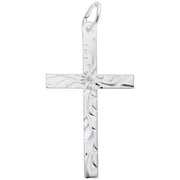 The Large Flared Cross Charm in Sterling Silver, crafted by Rembrandt Charms, showcases an intricate floral engraving at its center. It features smooth, reflective surfaces and includes a loop at the top for easy attachment to a necklace.