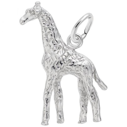 The GIRAFFE Sterling Silver Charm by Rembrandt Charms features a beautifully detailed pendant in the shape of a giraffe. The textured detailing captures the lifelike body features of the giraffe, including its long neck and legs, and it includes a loop at the top for easy attachment to a chain or bracelet.