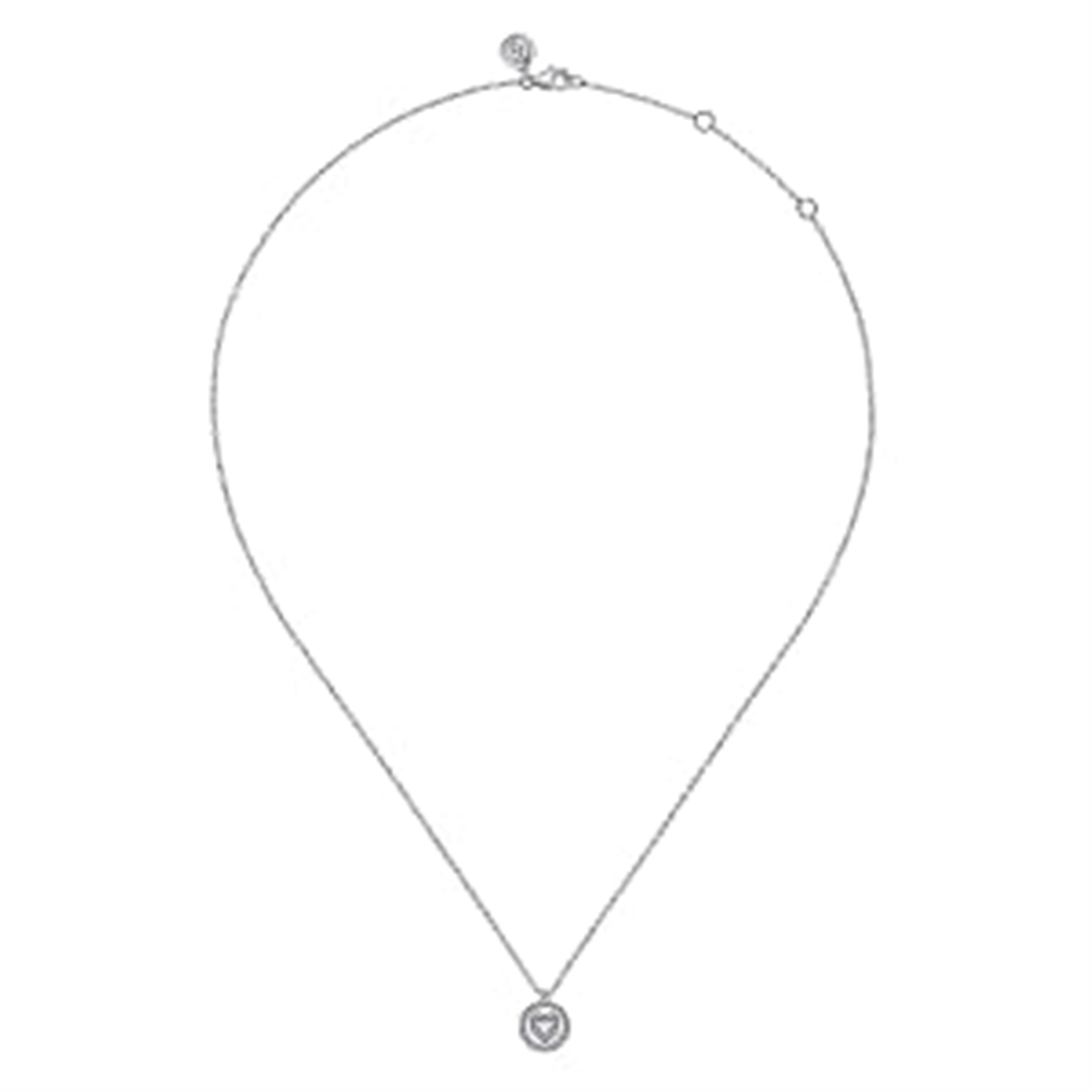 The Gabriel & Co. 925 Sterling Silver Bujukan Diamond Heart Pendant Necklace features a delicate, thin chain adorned with small round beads and a central heart-shaped pendant with an open heart design. As part of the Bujukan Collection, the pendant is elegantly positioned at the bottom, secured by a circular clasp fastener at the top.