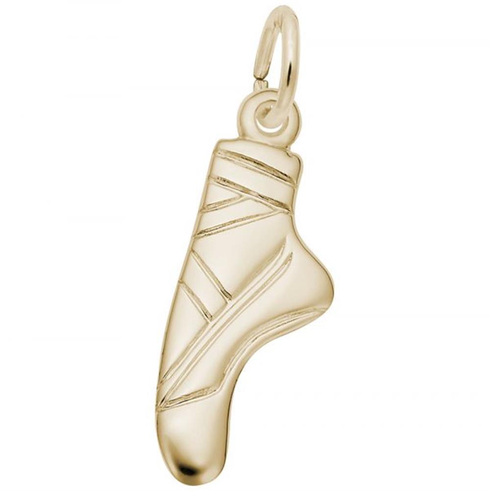 The image shows the Sterling Silver Flat Ballet Pointe Shoe Charm from Rembrandt Charms. The charm is crafted in sterling silver and features a detailed design of a ballet pointe shoe. It measures 0.32 inches by 0.76 inches (8.02 mm x 19.28 mm) and has the style number 0789. This charm is a perfect keepsake for dancers and ballet enthusiasts.
