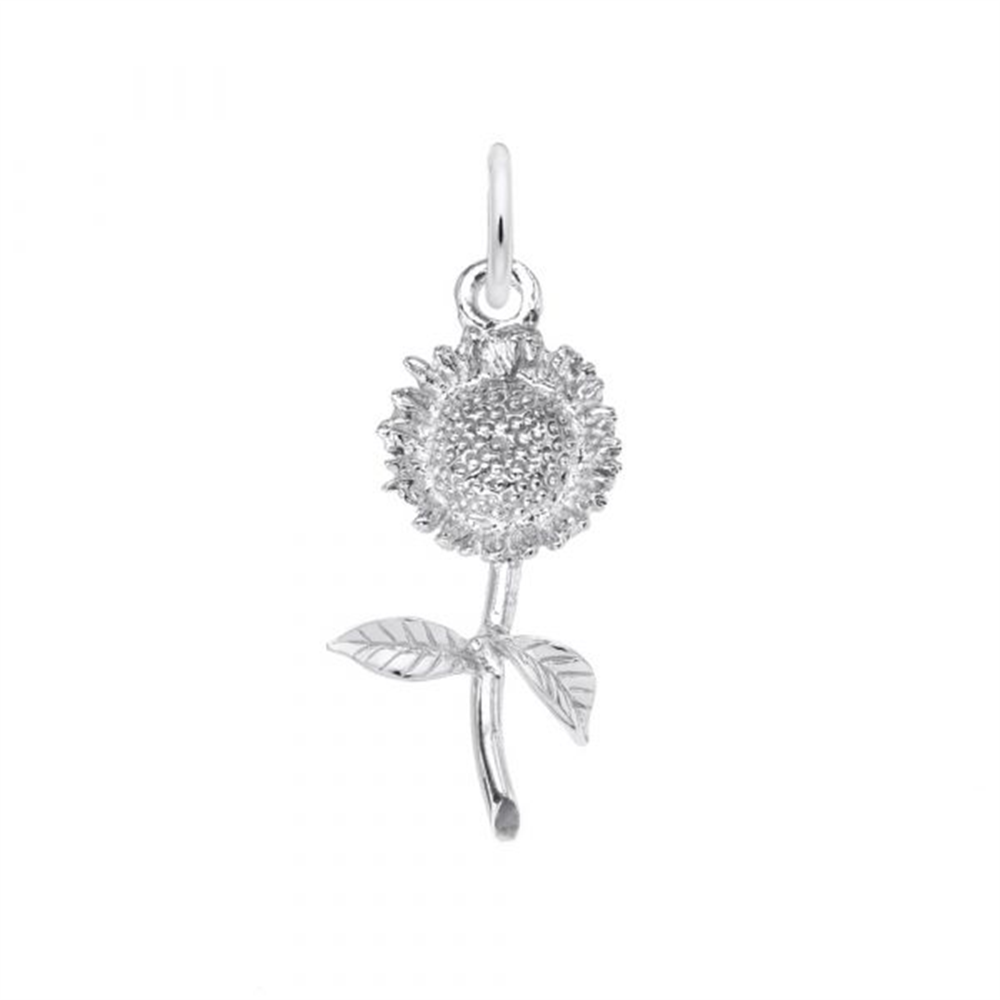 The Small Sunflower Charm by Rembrandt Charms features sterling silver craftsmanship with a textured center, detailed petals, two leaves, and a gracefully curved stem on a small loop—an elegant nature-inspired piece perfect for any jewelry collection.