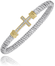 A sophisticated 4mm closed band bracelet by Alwand Vahan Jewelry, crafted in sterling silver with a central cross in 14k yellow gold and diamond accents, beautifully showcases timeless charm and modern elegance.