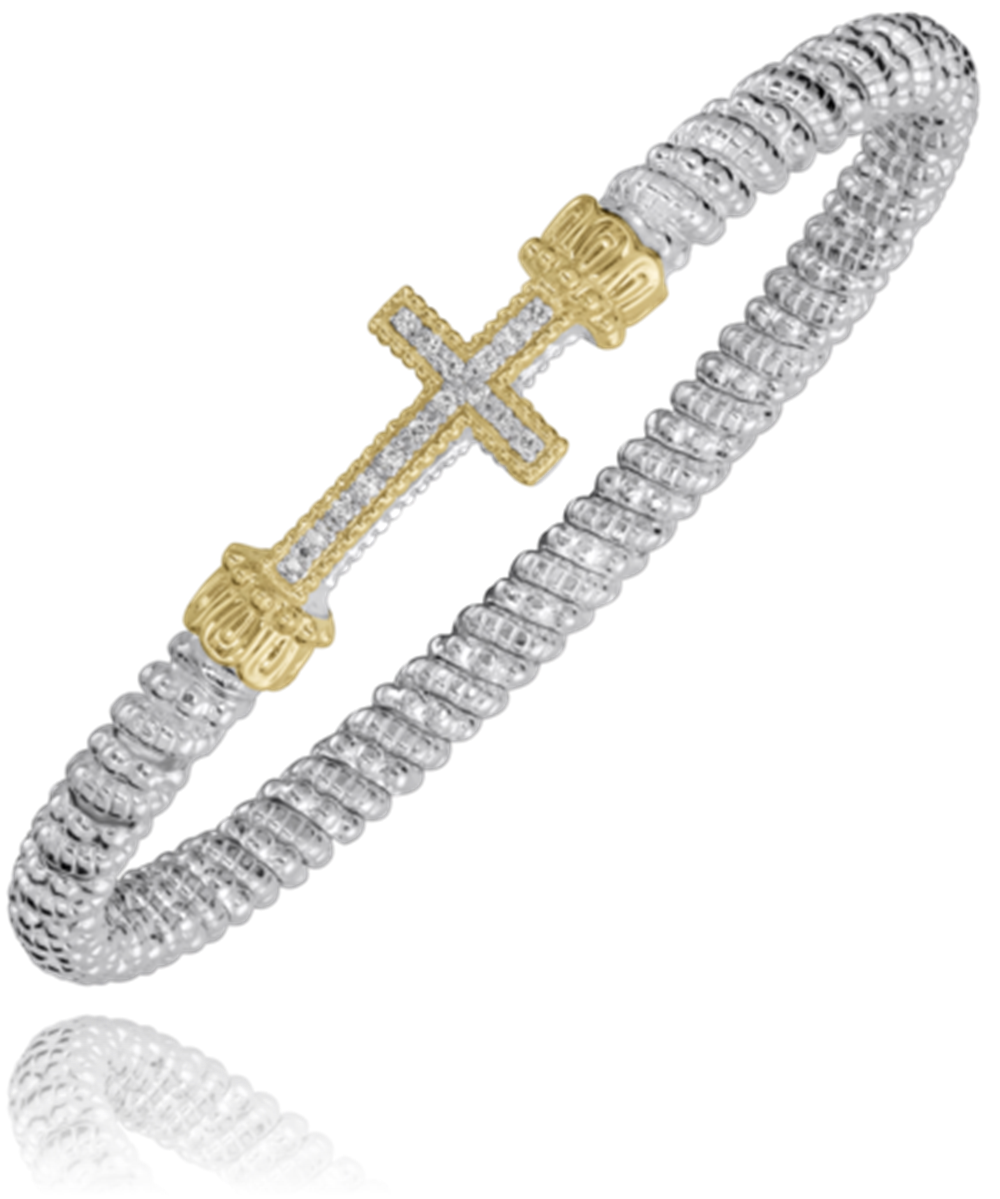 A sophisticated 4mm closed band bracelet by Alwand Vahan Jewelry, crafted in sterling silver with a central cross in 14k yellow gold and diamond accents, beautifully showcases timeless charm and modern elegance.