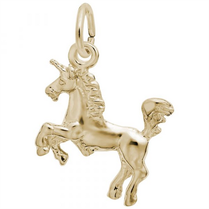 The Small Unicorn Charm- Gold Plated by Rembrandt Charms features a raised front leg and intricately detailed mane, tail, and horn, attached to a small loop for easy hanging—a whimsical addition to any gold unicorn necklace—shown here against a plain white background.