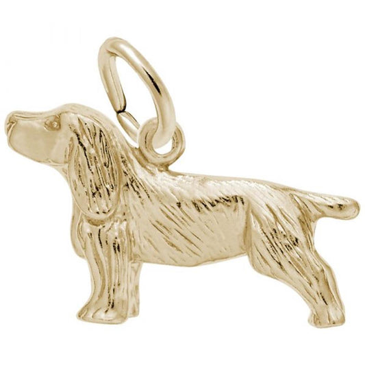 A detailed image of the Sterling Silver Springer Spaniel Dog Charm by Rembrandt Charms. This charm features an intricately detailed Springer Spaniel, measuring 0.79 inches by 0.51 inches (20.08 mm by 12.88 mm). The charm has a polished sterling silver finish, perfect for adding a touch of canine charm to any bracelet or necklace. Style number 0271.