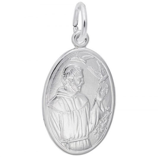 The Rembrandt Charms St. Francis Charm, crafted in sterling silver, features an oval pendant with a depiction of St. Francis adorned with a halo, gesturing towards a pair of birds. The saint is shown in profile, facing right, with detailed engravings on the robe and background that include plants and additional birds.