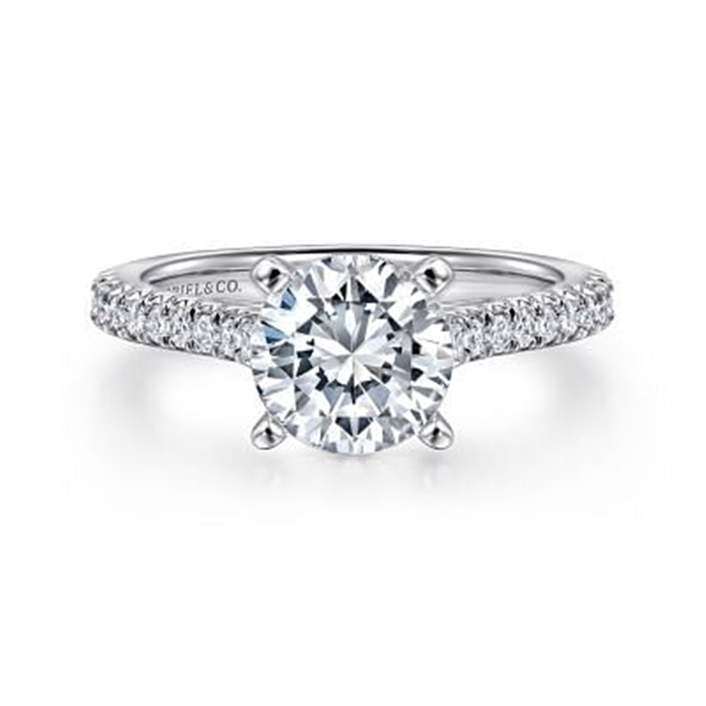 The 14K Gold Diamond Engagement Ring by Gabriel & Co features a large round-cut center in a four-prong setting, with smaller diamonds encrusted on the band, available in white gold or platinum for a sleek and elegant personalized masterpiece.