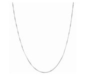 The Royal Chain Group-Royal Chain Sterling Silver 1.1mm Classic Box Chain with Lobster Clasp - 24 inch is displayed on a white background. The necklace gracefully forms a gentle U-shape, with the ends extending upward, highlighting its refined and subtle box chain design. It is elegantly finished with a secure lobster clasp for added elegance and ease of wear.