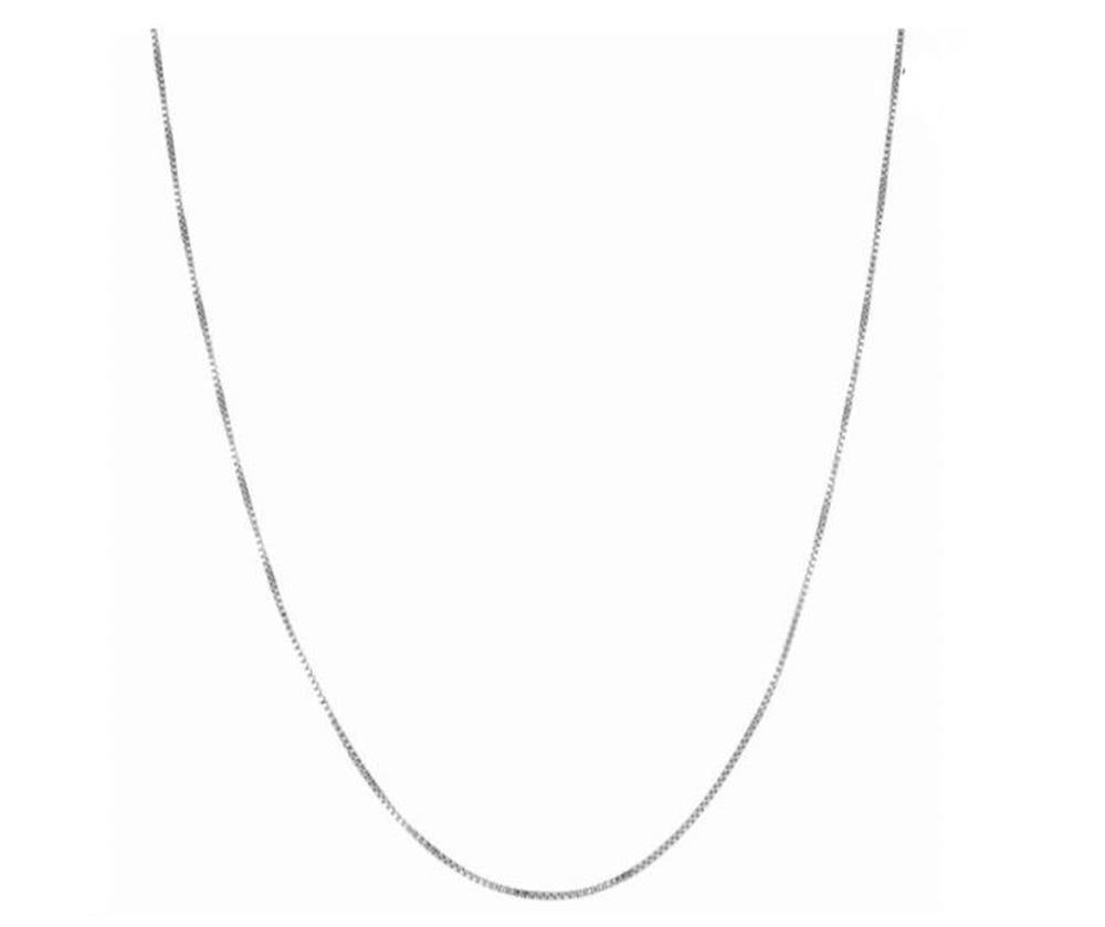 A delicate, thin Sterling Silver 1.1mm Classic Box Chain with Lobster Clasp from Royal Chain Group-Royal Chain, elegantly draped in a gentle curve from side to side on a white background.