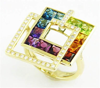 The Bellarri Malibu N Multi Color Gemstone and Diamond Ring features 0.40ct diamonds and 3.90ct vibrant gems set in interlocking square frames of 14K yellow gold, creating a striking, colorful design.