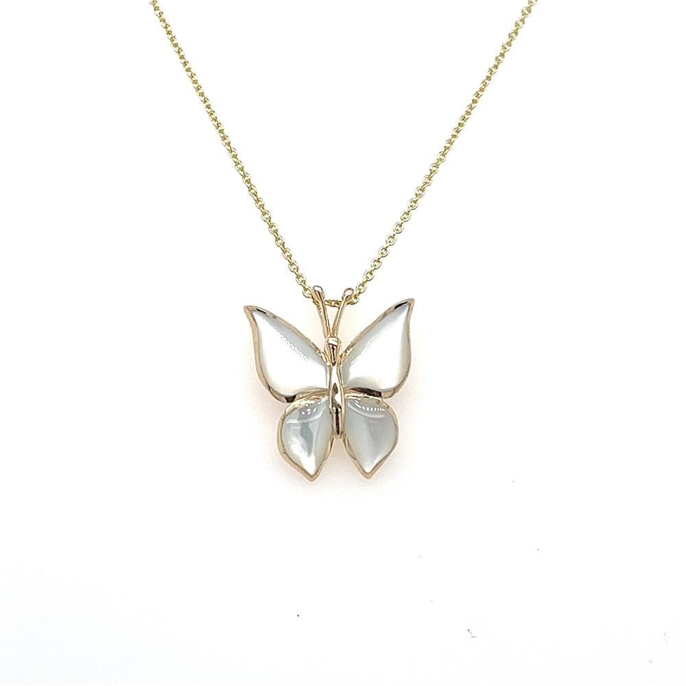 The Kabana 14K Butterfly Pendant with MOP features a butterfly-shaped 14K gold design and pearly white mother-of-pearl wings, shown against a plain white background.