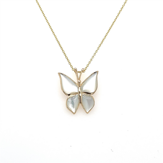 The Kabana 14K Butterfly Pendant with MOP features a butterfly-shaped 14K gold design and pearly white mother-of-pearl wings, shown against a plain white background.