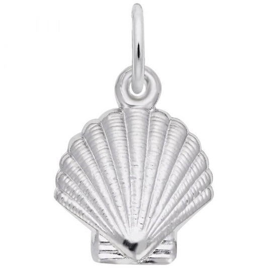 The Rembrandt Charms Clamshell Charm in sterling silver is shaped like a seashell, featuring intricate, detailed lines that highlight the shell's texture. It includes a loop at the top for easy attachment to a chain or bracelet. The pendant shines and reflects light, emphasizing its metallic finish—an ideal piece for beach lovers.