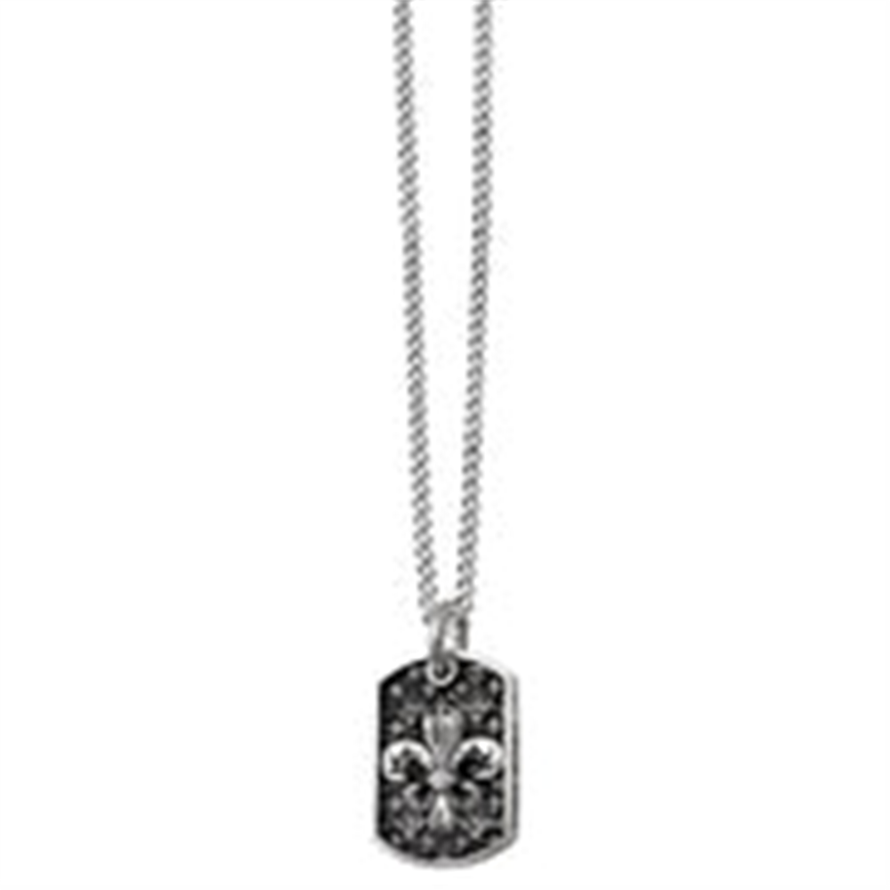 A silver King Baby necklace with a large fleur-de-lis dog tag hangs vertically. The pendant features intricate dark details and a prominent fleur-de-lis design in the center. The chain is thin and simple, complementing the detailed design of the pendant.
