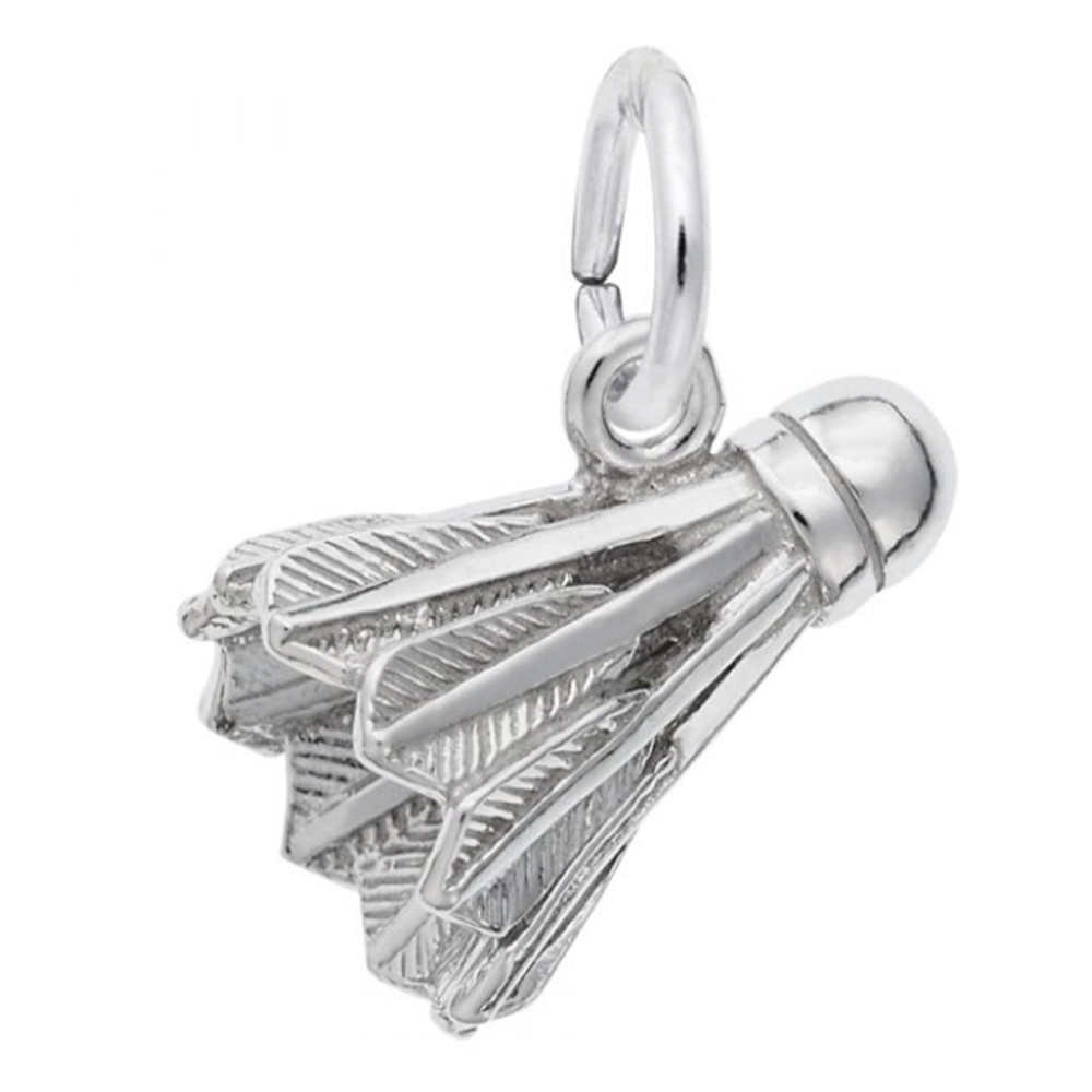 The image shows the Sterling Silver Badminton Birdie Charm from Rembrandt Charms. The charm is crafted in sterling silver and features a detailed design of a badminton birdie. It measures 0.38 inches by 0.55 inches (9.73 mm x 14.07 mm) and has the style number 3424. This charm is a perfect keepsake for badminton enthusiasts and sports lovers.