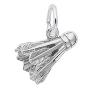 The image shows the Sterling Silver Badminton Birdie Charm from Rembrandt Charms. The charm is crafted in sterling silver and features a detailed design of a badminton birdie. It measures 0.38 inches by 0.55 inches (9.73 mm x 14.07 mm) and has the style number 3424. This charm is a perfect keepsake for badminton enthusiasts and sports lovers.