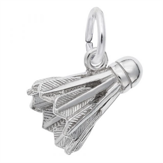 The image shows the Sterling Silver Badminton Birdie Charm from Rembrandt Charms. The charm is crafted in sterling silver and features a detailed design of a badminton birdie. It measures 0.38 inches by 0.55 inches (9.73 mm x 14.07 mm) and has the style number 3424. This charm is a perfect keepsake for badminton enthusiasts and sports lovers.