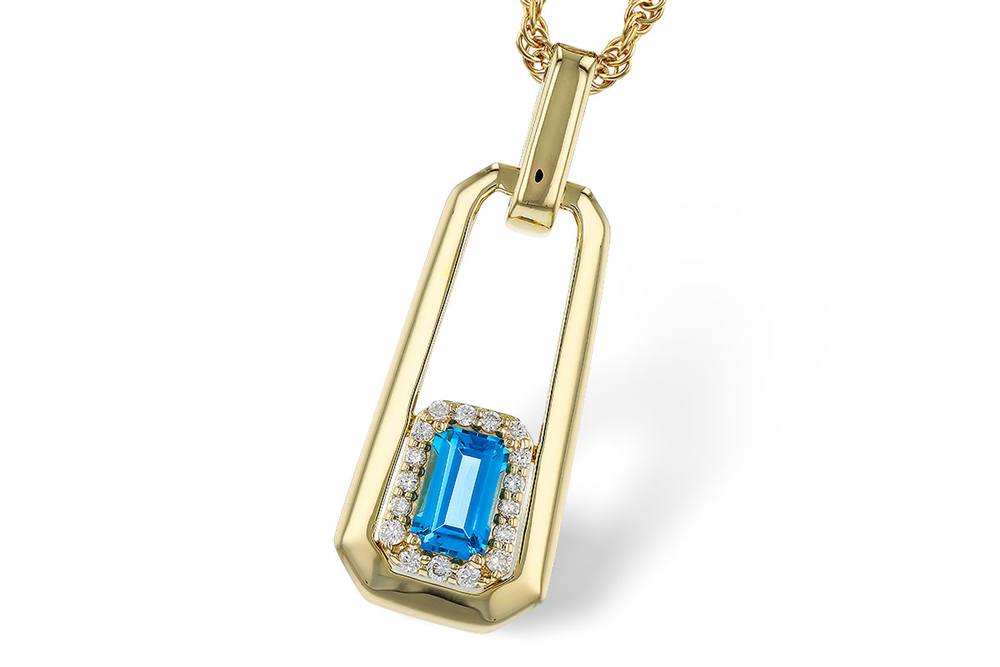 The Blue Topaz and Diamond Pendant by Allison Kaufman features an emerald-cut blue topaz in 14k yellow gold, accented with diamonds in an open geometric frame, elegantly suspended from a twisted gold chain.