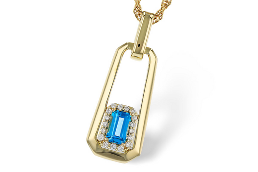 The Blue Topaz and Diamond Pendant by Allison Kaufman features an emerald-cut blue topaz in 14k yellow gold, accented with diamonds in an open geometric frame, elegantly suspended from a twisted gold chain.